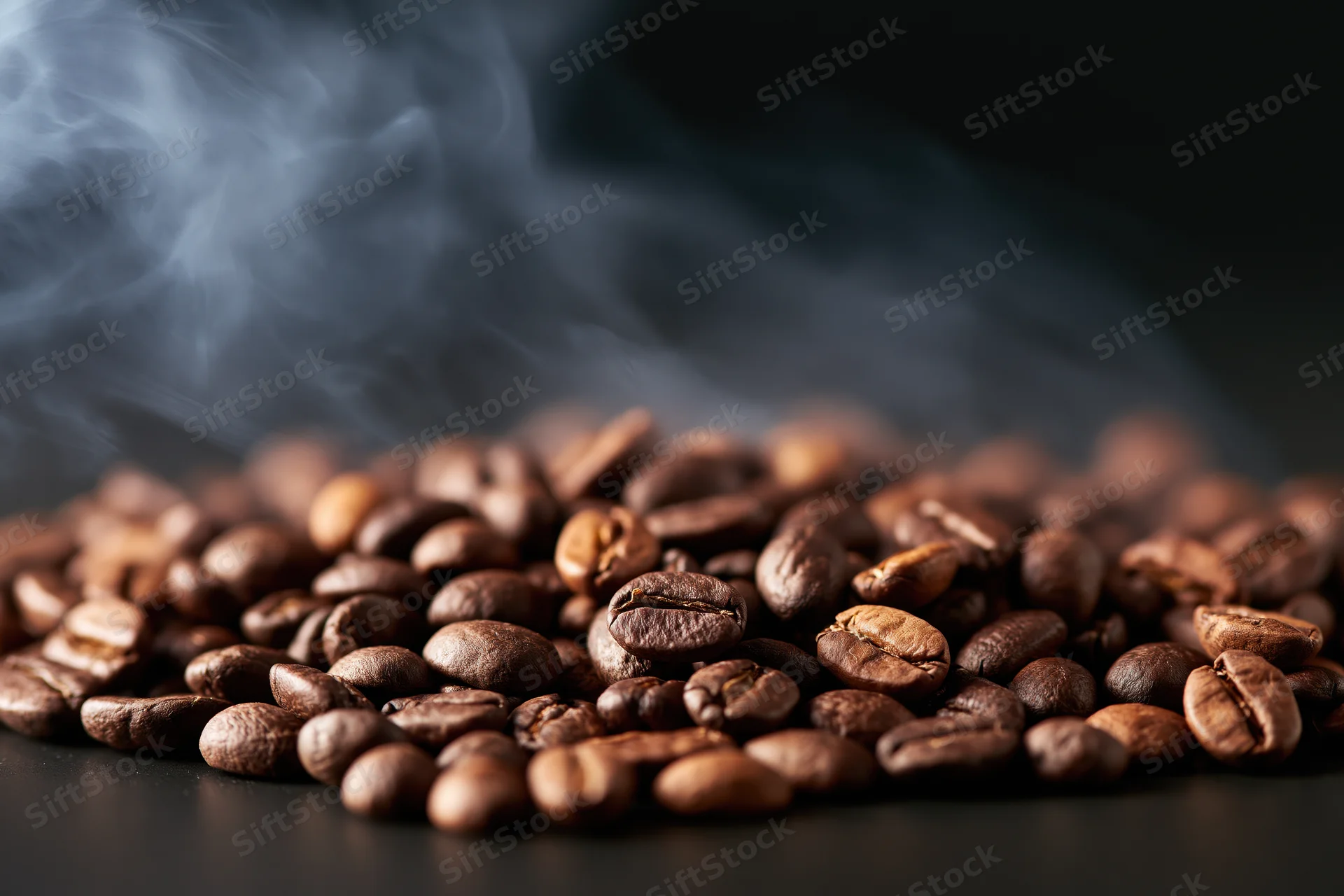 Freshly roasted coffee beans steaming on a dark surface