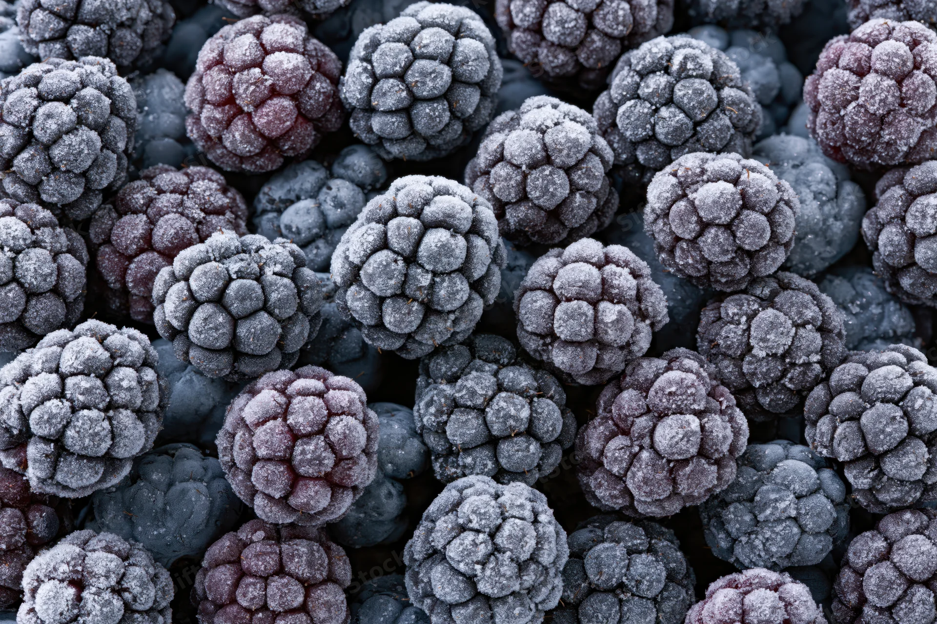 Frozen blackberries tightly packed in a close-up view showing frost-covered texture