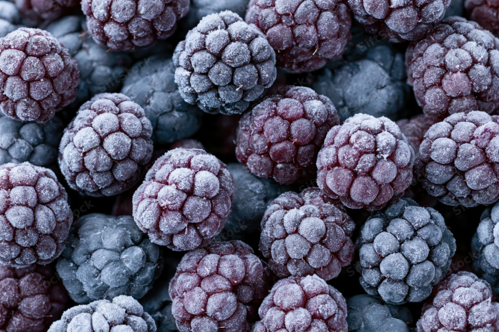Frozen blackberries covered in frost, tightly packed in a close-up view
