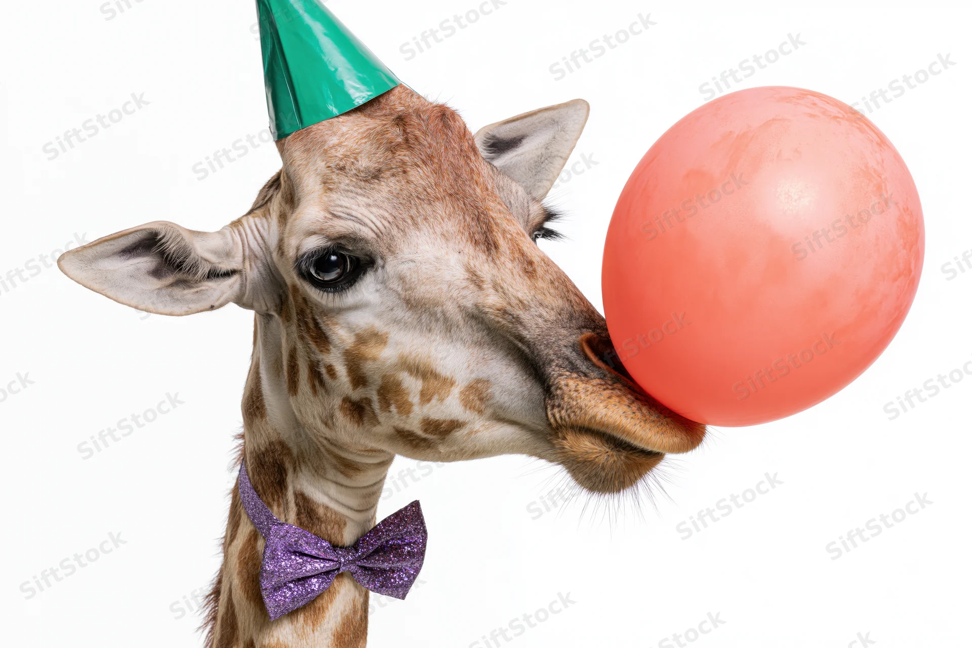 Giraffe wearing a green party hat and purple glitter bow tie blowing an orange balloon against white background