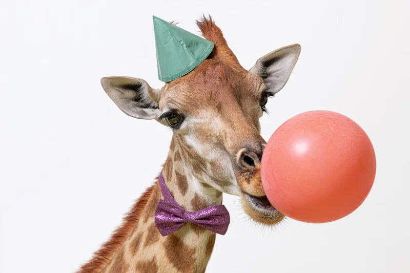 Giraffe wearing a green party hat and purple glitter bow tie blowing a pink balloon against white background