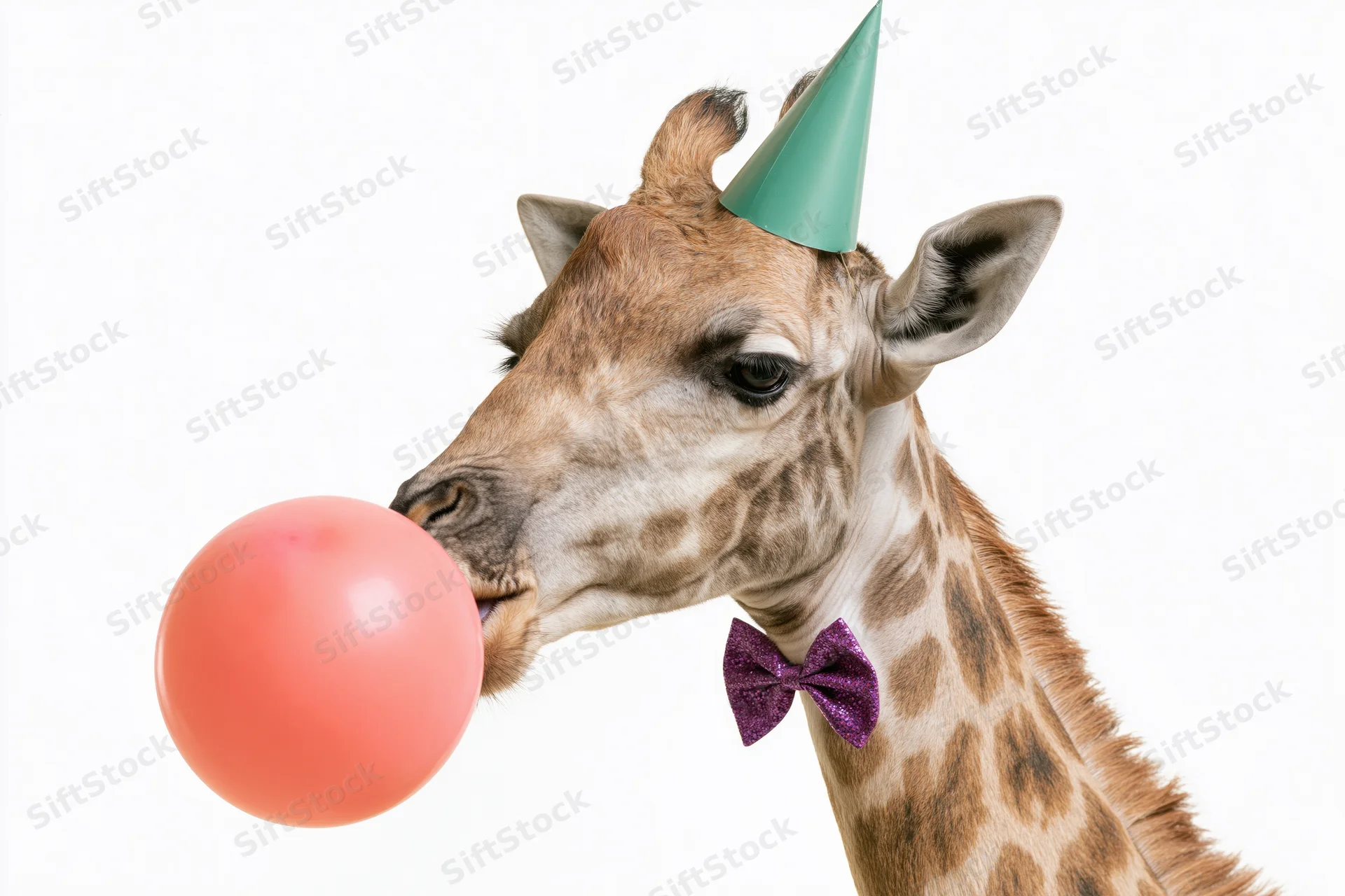 Giraffe wearing a green party hat and purple glitter bow tie blowing a pink bubblegum bubble against white background