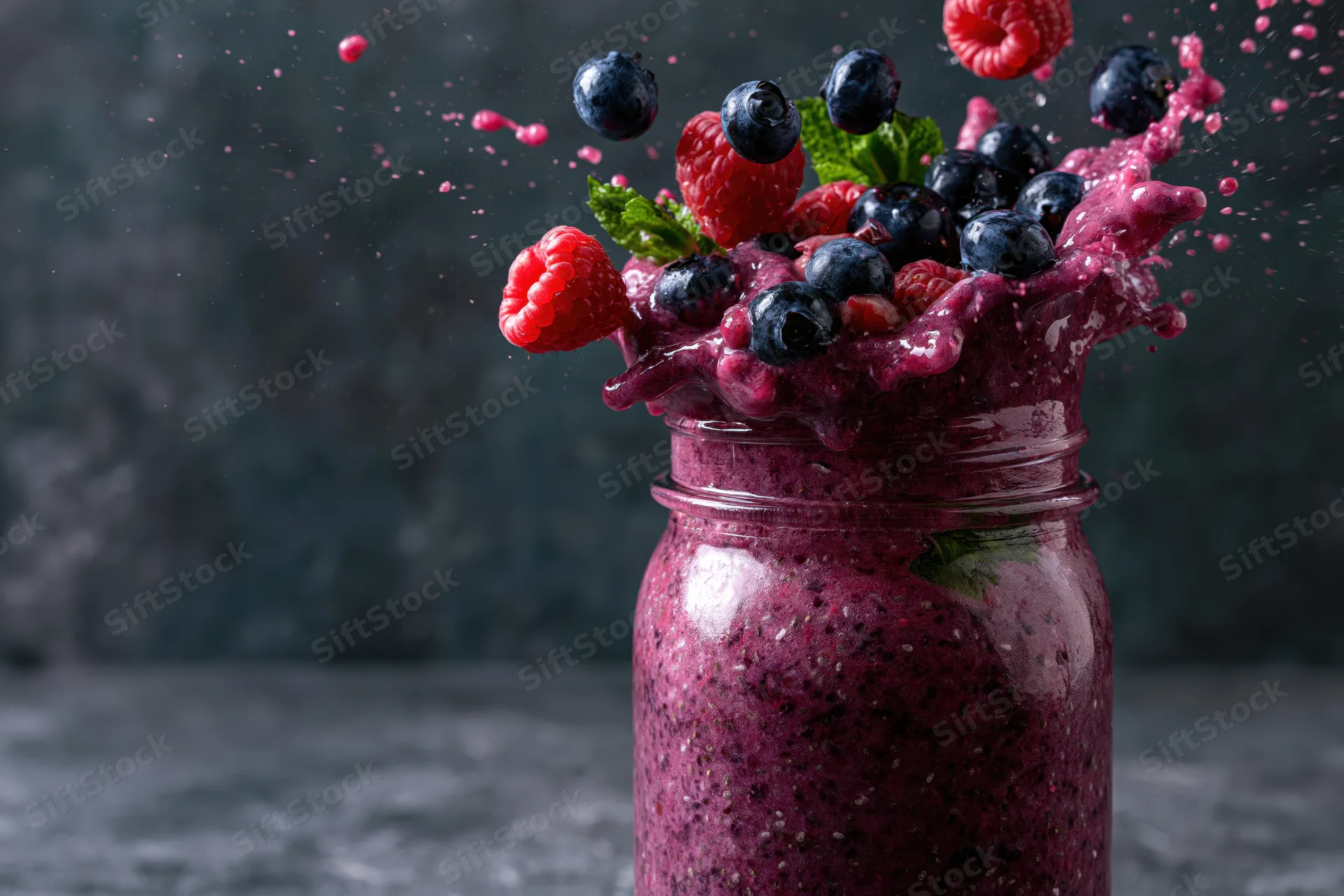 Purple berry smoothie splashing from a glass mason jar with blueberries and raspberries on a dark countertop