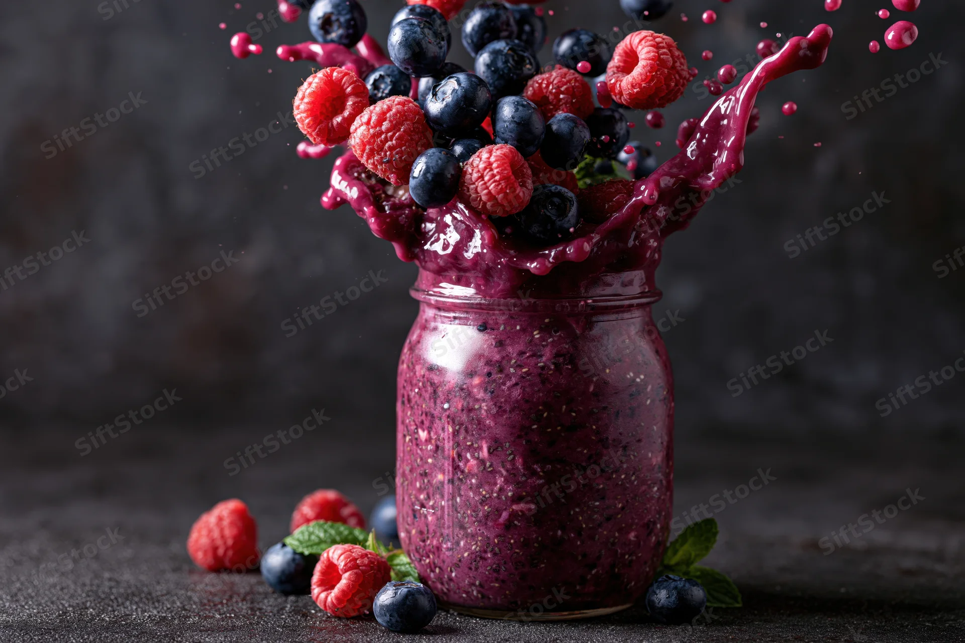 Purple berry smoothie splashing from a glass mason jar with blueberries and raspberries on dark surface