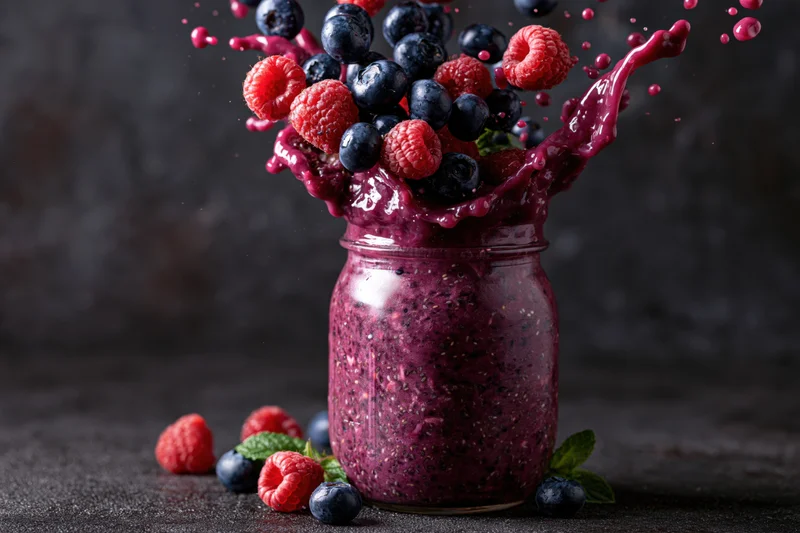 Purple berry smoothie splashing from a glass mason jar with blueberries and raspberries on dark surface