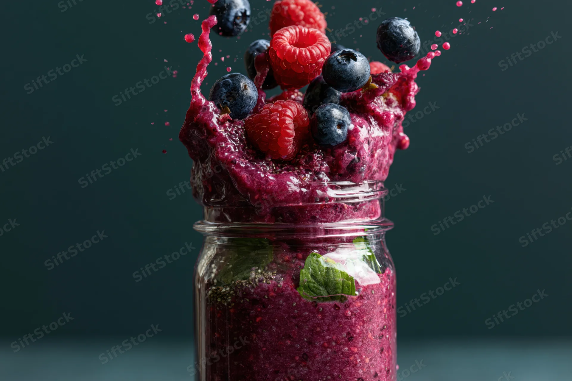 Purple berry smoothie splashing from a glass mason jar with blueberries and raspberries, mint leaves inside, dark background