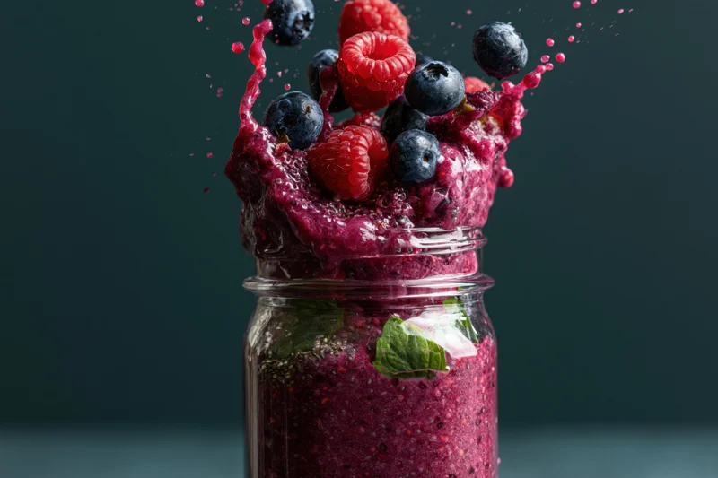 Purple berry smoothie splashing from a glass mason jar with blueberries and raspberries, mint leaves inside, dark background