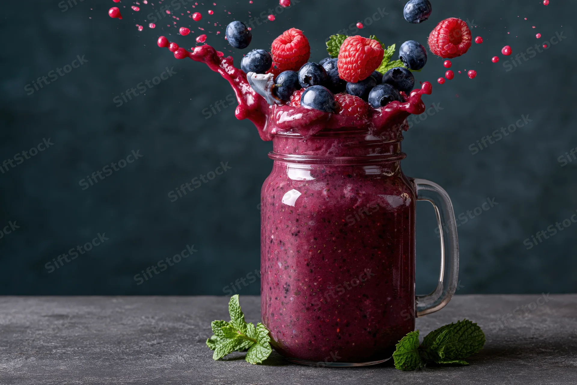 Purple berry smoothie splashing from a glass mason jar on a dark countertop with mint leaves