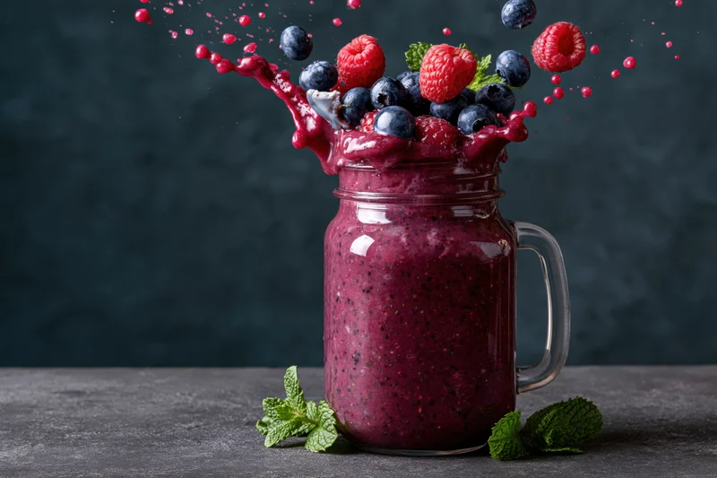 Purple berry smoothie splashing from a glass mason jar on a dark countertop with mint leaves