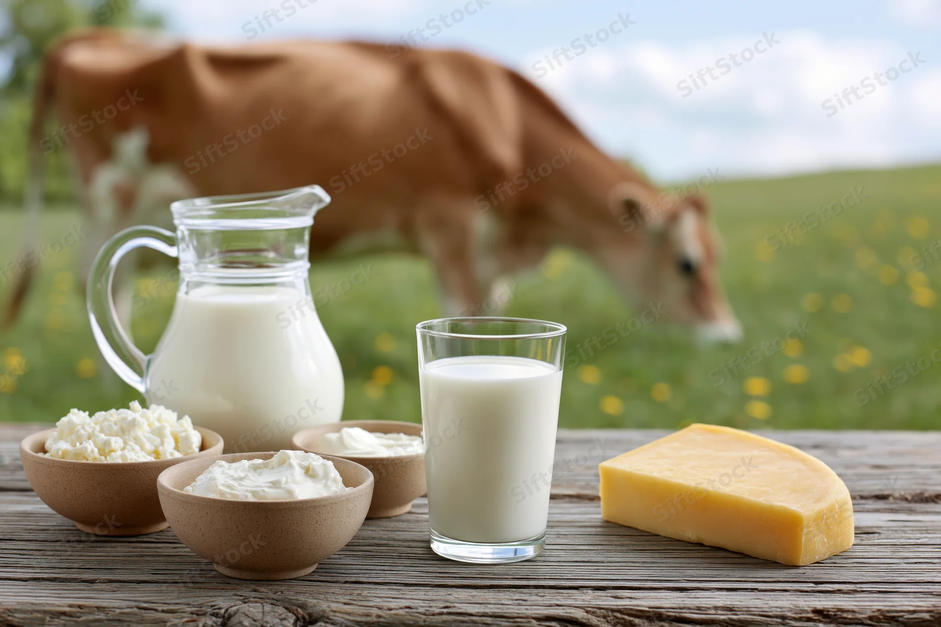 Dairy products arranged on a wooden table with a cow grazing in a green pasture behind