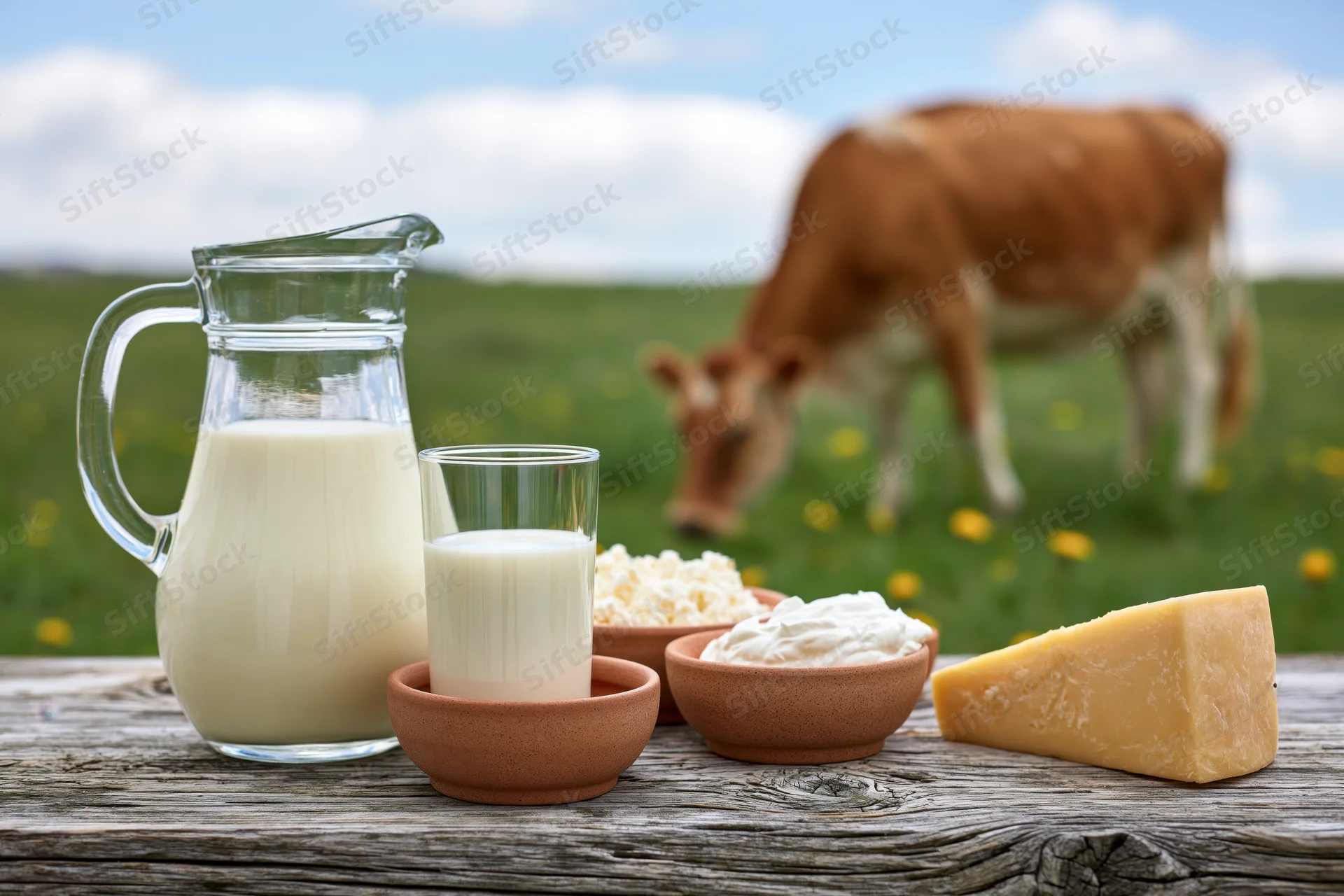 Dairy products arranged on a wooden table with a cow grazing in a green pasture behind