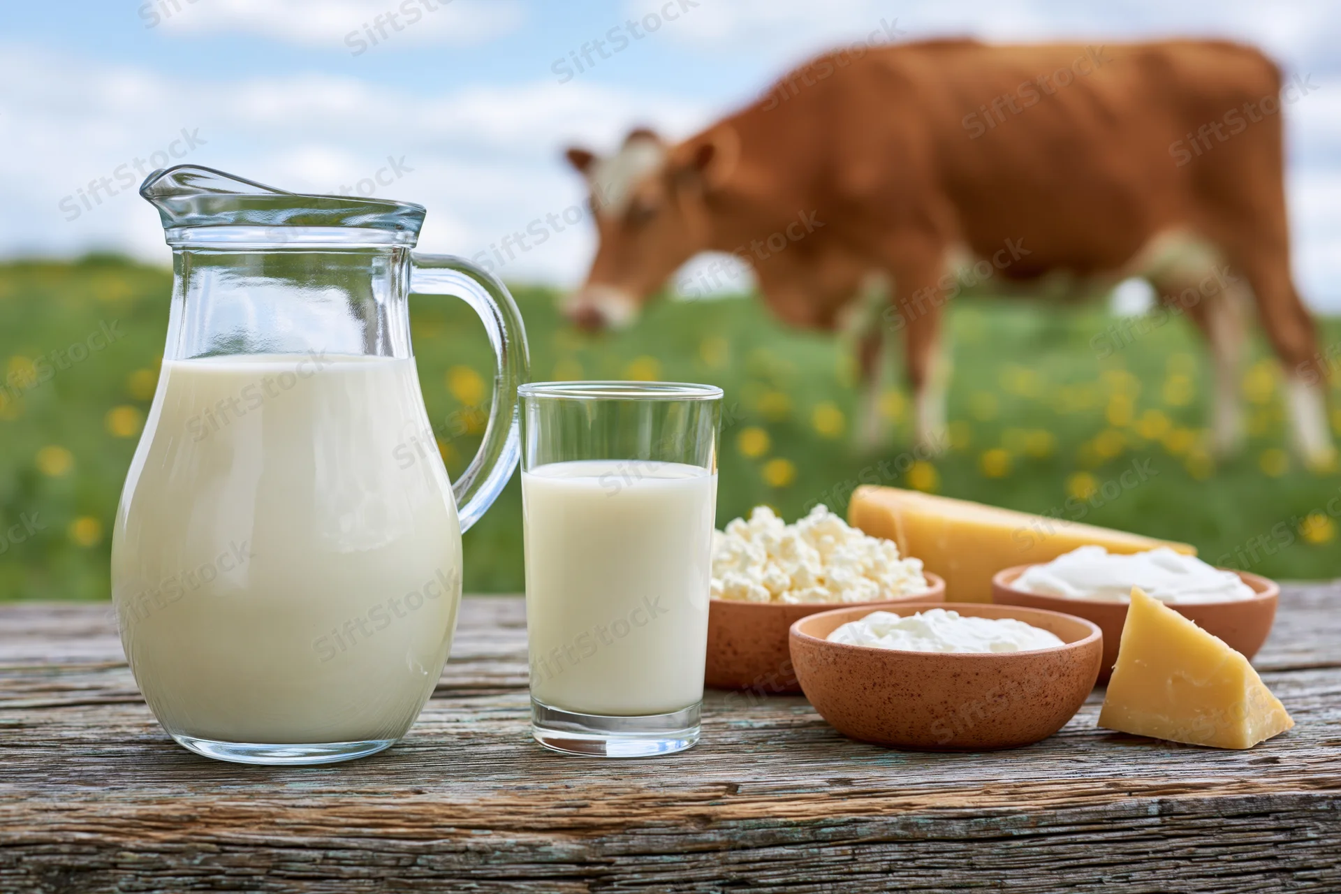 Glass pitcher and tumbler of milk with dairy products on wooden table in front of cow in pasture