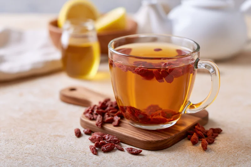 Glass mug of amber goji berry tea with dried berries floating, on wooden coaster with scattered berries, lemon and honey nearby