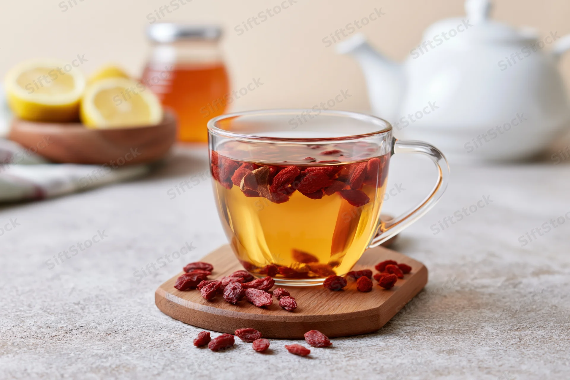 Glass mug of amber goji berry tea with dried red berries floating, on wooden coaster with lemon and honey in background