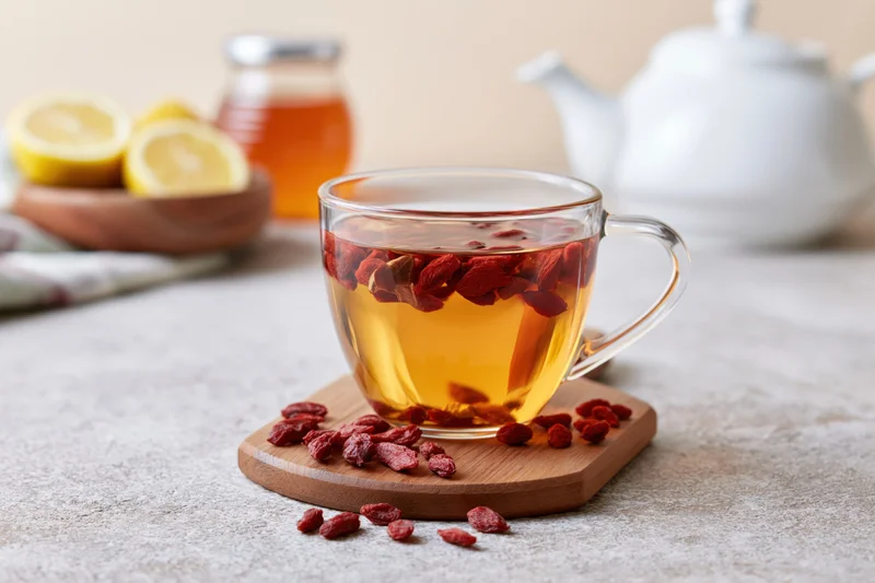 Glass mug of amber goji berry tea with dried red berries floating, on wooden coaster with lemon and honey in background