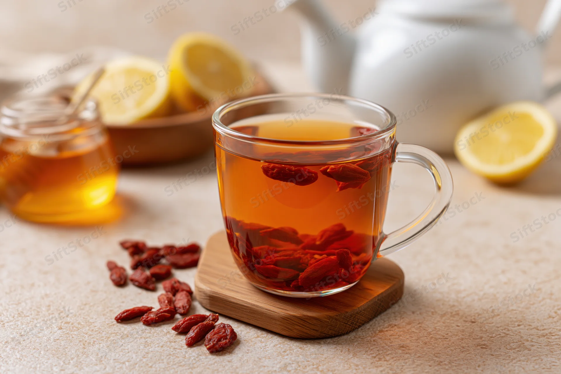 Glass mug of amber goji berry tea with floating dried berries on wooden coaster, surrounded by lemon slices, honey jar, and white teapot on countertop