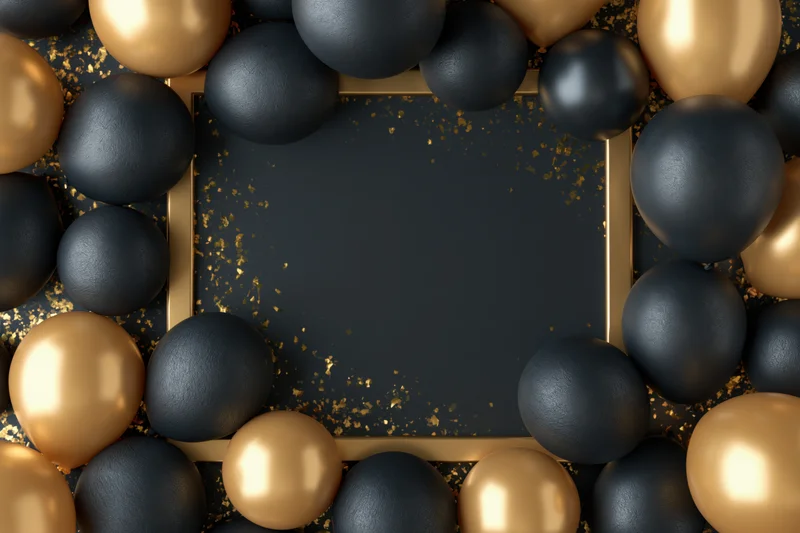 Gold metallic frame bordered by black and gold balloons with glitter on dark surface
