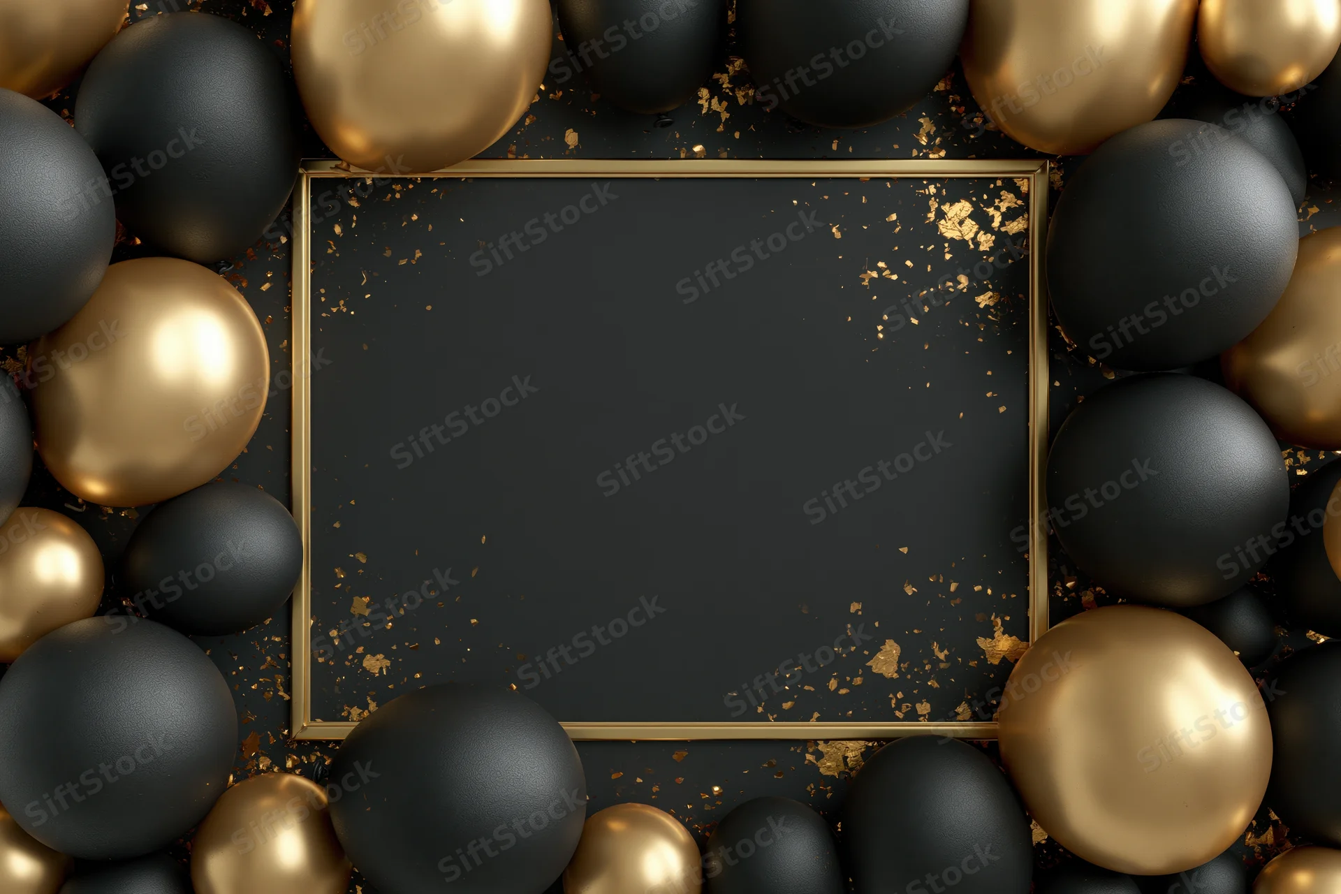 Gold metallic frame bordered by black and gold balloons on dark surface with gold flecks, copyspace in center