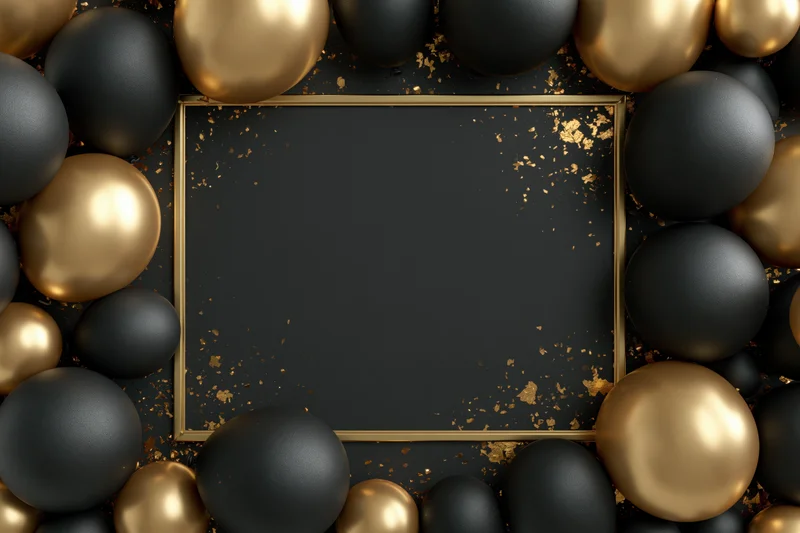 Gold metallic frame bordered by black and gold balloons on dark surface with gold flecks, copyspace in center