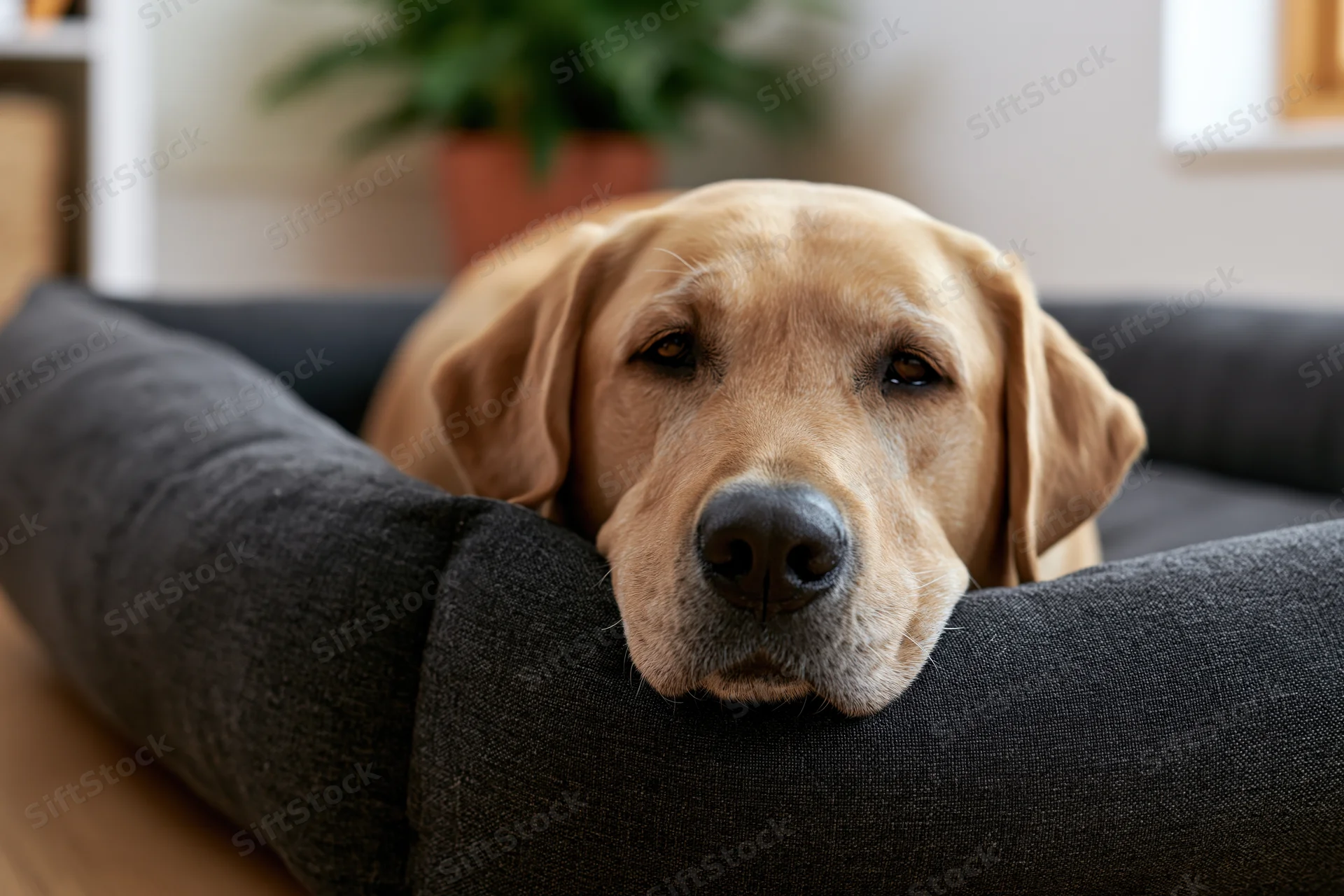 Golden labrador resting its head on a dark grey fabric dog bed in a home interior