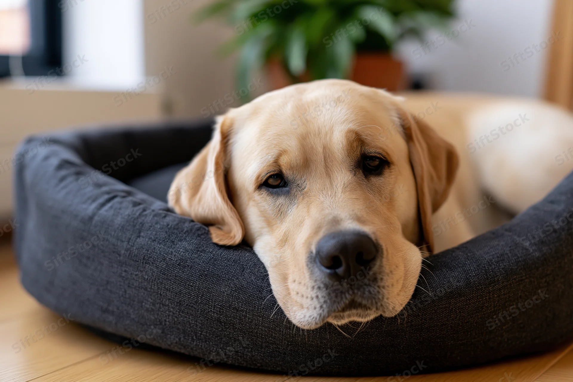 Golden labrador resting in a dark grey fabric dog bed on wooden floor indoors