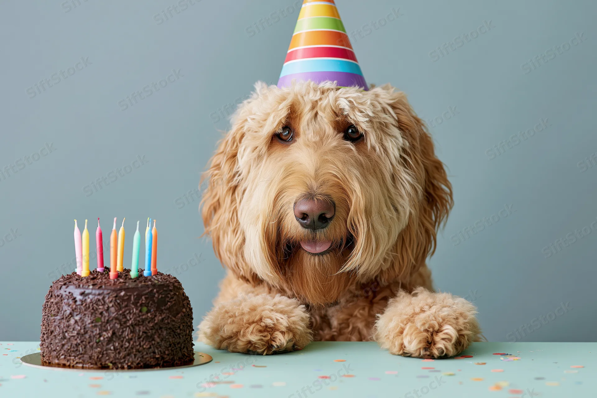Golden doodle dog wearing rainbow striped party hat beside chocolate birthday cake with candles on table