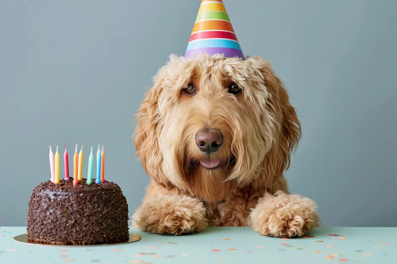 Golden doodle dog wearing rainbow striped party hat beside chocolate birthday cake with candles on table