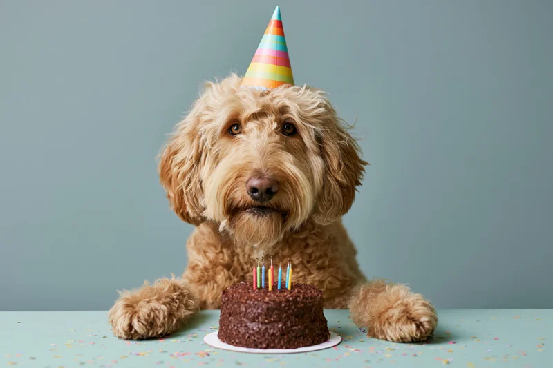 Golden doodle dog wearing rainbow striped party hat sitting at table with chocolate birthday cake and candles