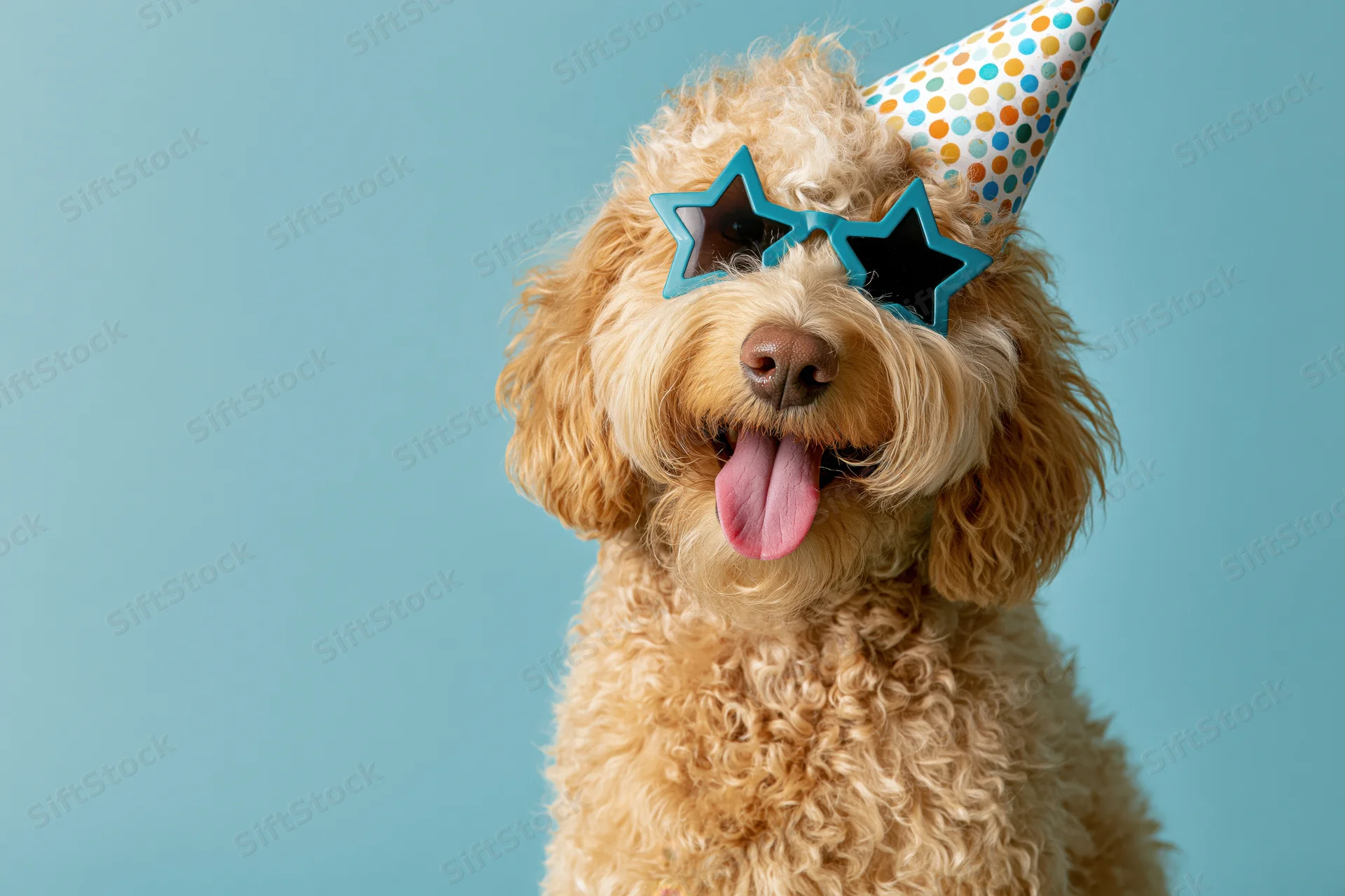 Golden doodle puppy wearing party hat and star-shaped sunglasses with tongue out against light blue background