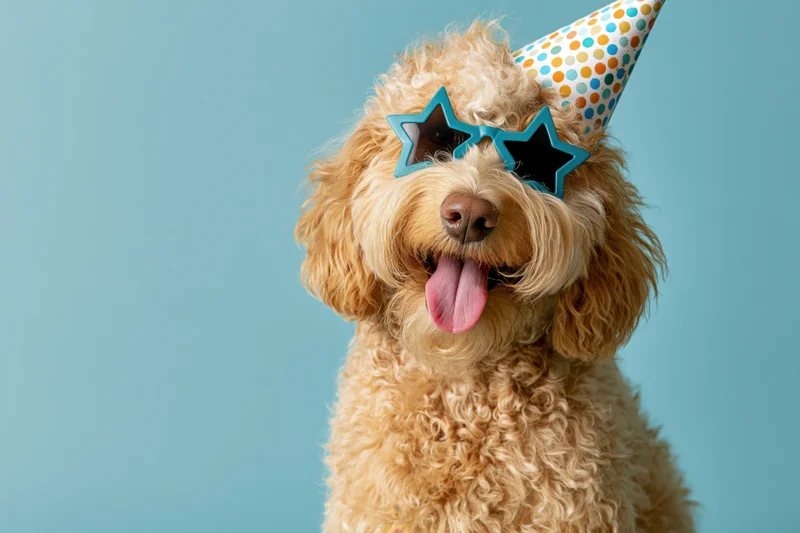 Golden doodle puppy wearing party hat and star-shaped sunglasses with tongue out against light blue background