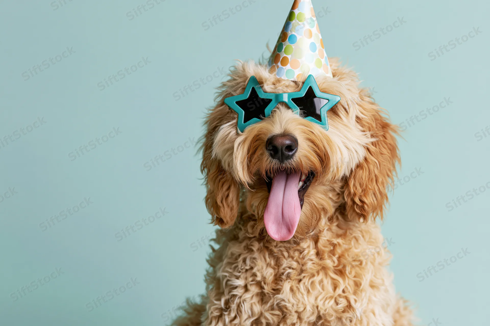 Golden doodle puppy wearing party hat and star sunglasses with tongue out against light blue background