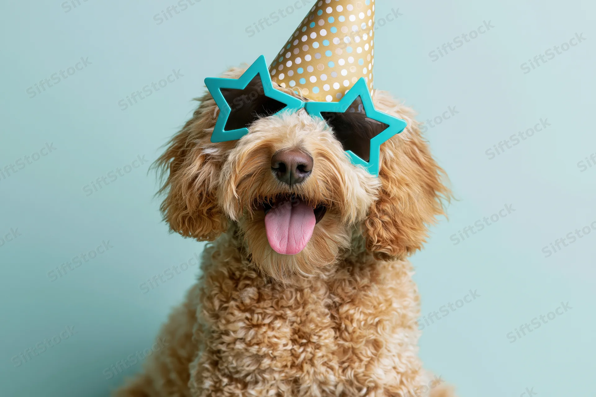 Golden doodle puppy wearing party hat and star-shaped sunglasses, tongue out, against light blue background