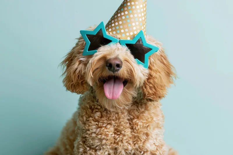 Golden doodle puppy wearing party hat and star-shaped sunglasses, tongue out, against light blue background