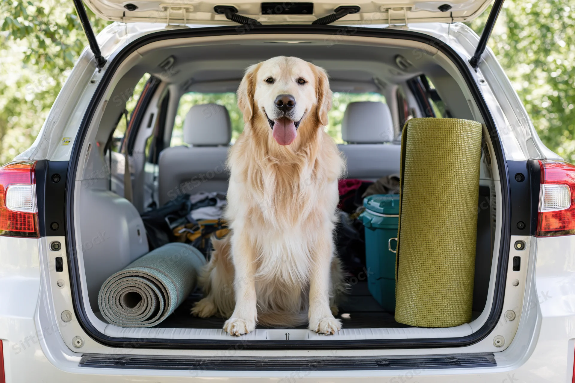Golden retriever sitting upright in open trunk of white SUV surrounded by camping gear and mats