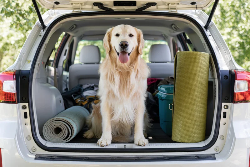 Golden retriever sitting upright in open trunk of white SUV surrounded by camping gear and mats