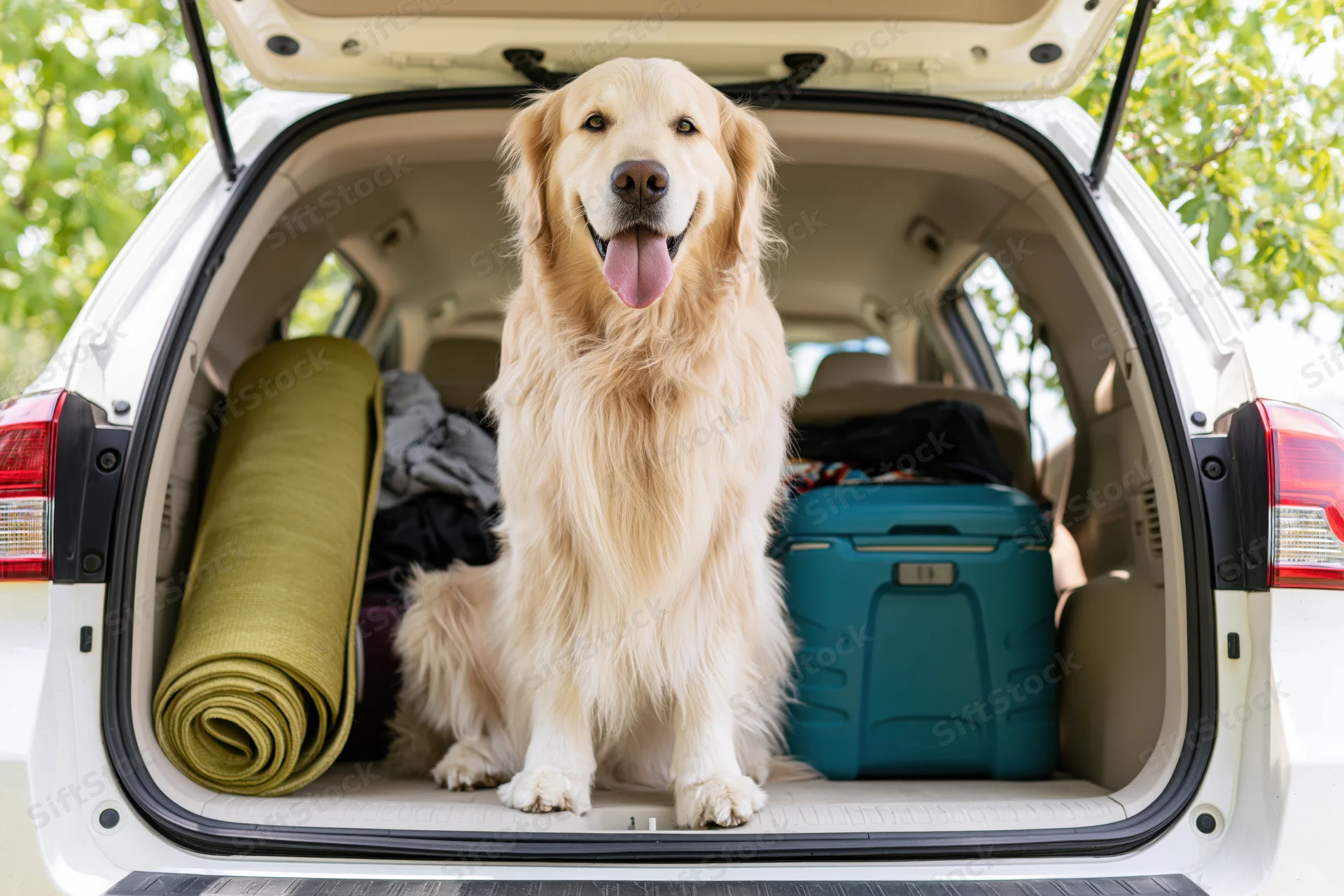 Golden retriever sitting upright in open trunk of white car surrounded by luggage and travel gear