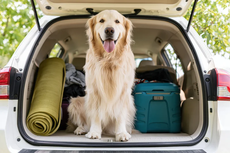 Golden retriever sitting upright in open trunk of white car surrounded by luggage and travel gear