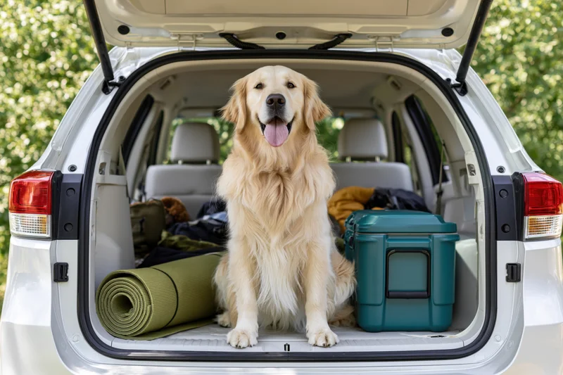 Golden retriever sitting upright in open trunk of white car with camping gear around