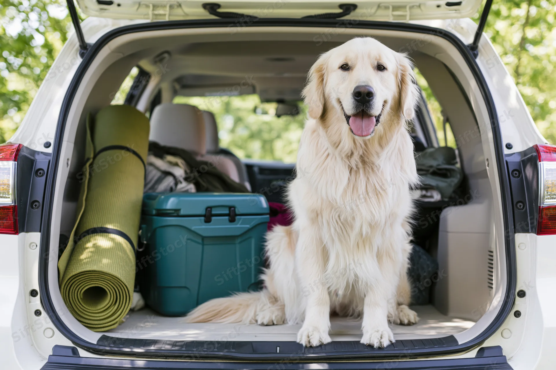 Golden retriever sitting upright in open trunk of white car with camping gear around