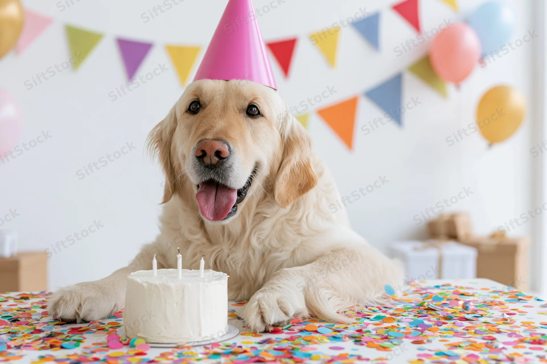 Golden retriever wearing pink party hat sitting at table with birthday cake and confetti