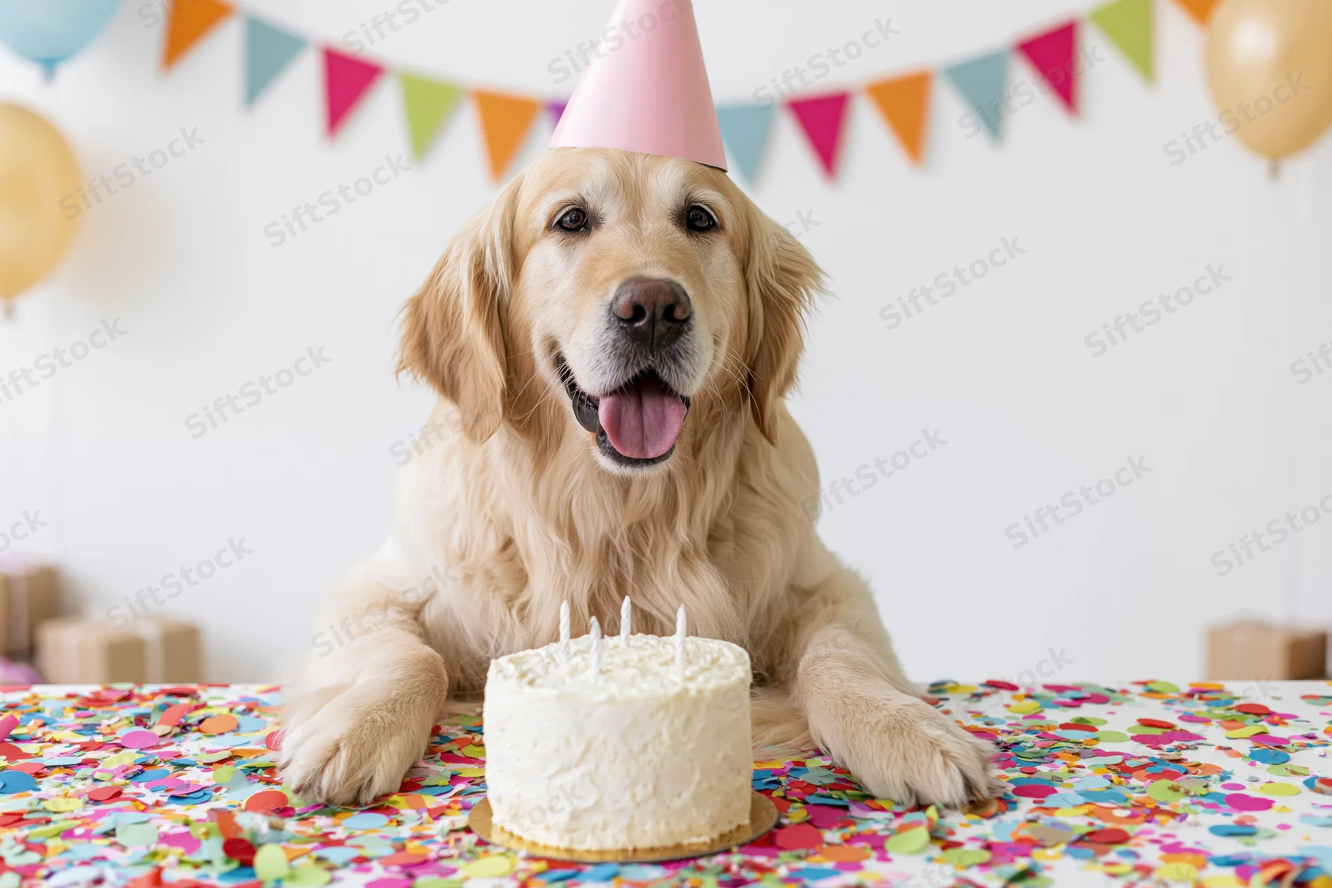 Golden retriever wearing pink party hat sitting behind birthday cake on confetti-covered table