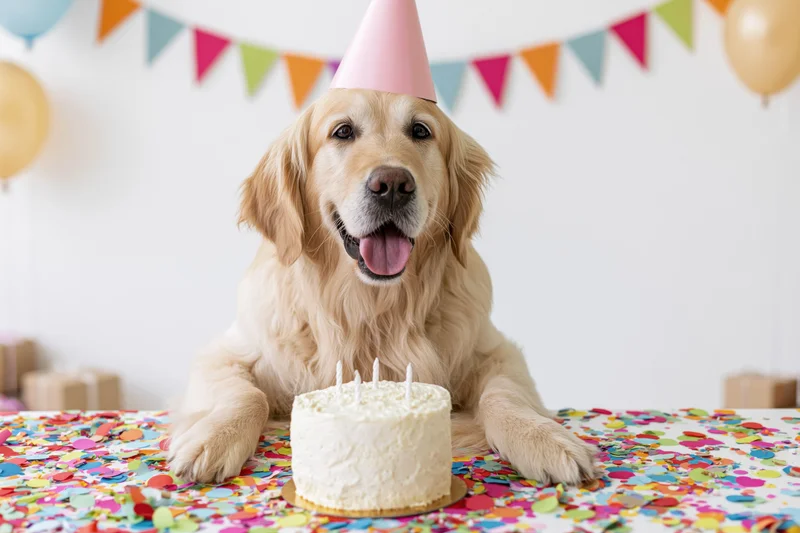 Golden retriever wearing pink party hat sitting behind birthday cake on confetti-covered table
