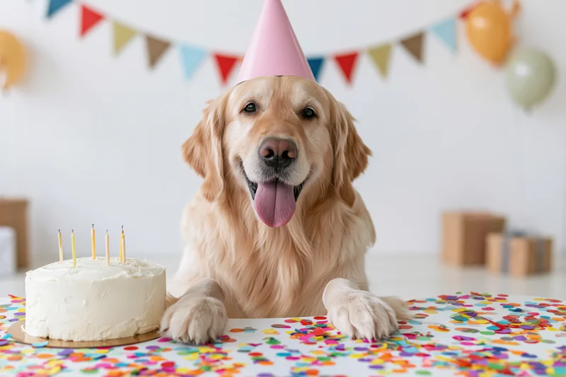 Golden retriever wearing pink party hat sitting at table with birthday cake and confetti