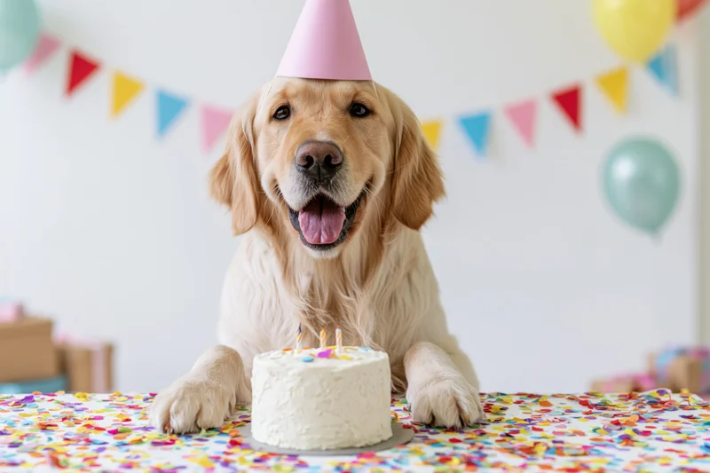 Golden retriever wearing pink party hat sitting behind birthday cake with candles on decorated table