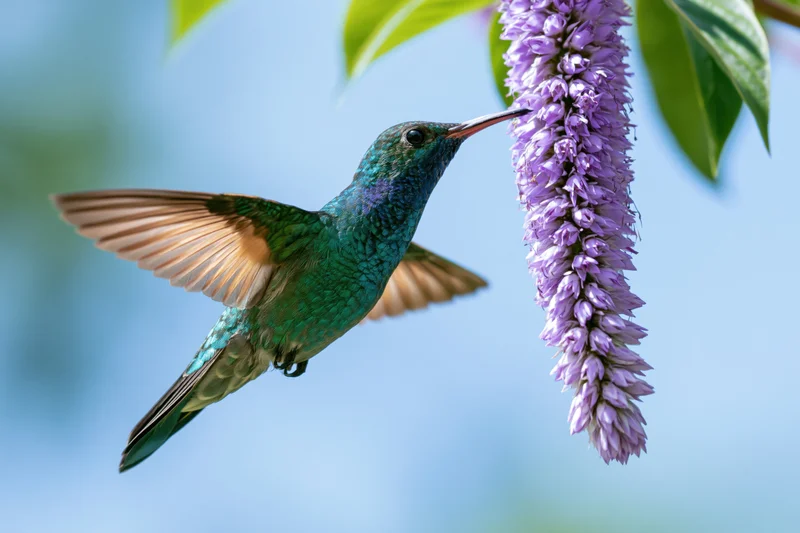 Green-blue hummingbird hovering mid-flight feeding from a purple flower in a garden setting
