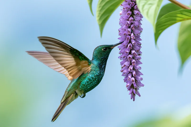 Green-blue hummingbird hovering mid-flight feeding from a purple flower in a garden setting