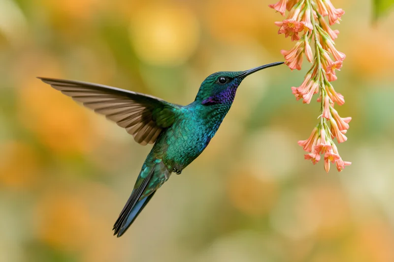 Green violet-ear hummingbird hovering mid-flight with beak extended toward a cluster of pink flowers
