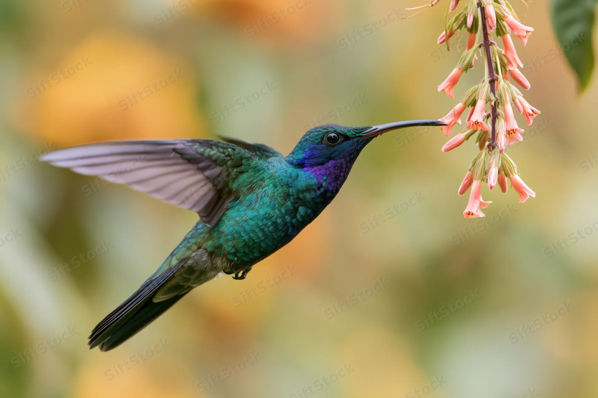 Green violet-ear hummingbird hovering mid-flight with beak extended toward pink flower in garden setting