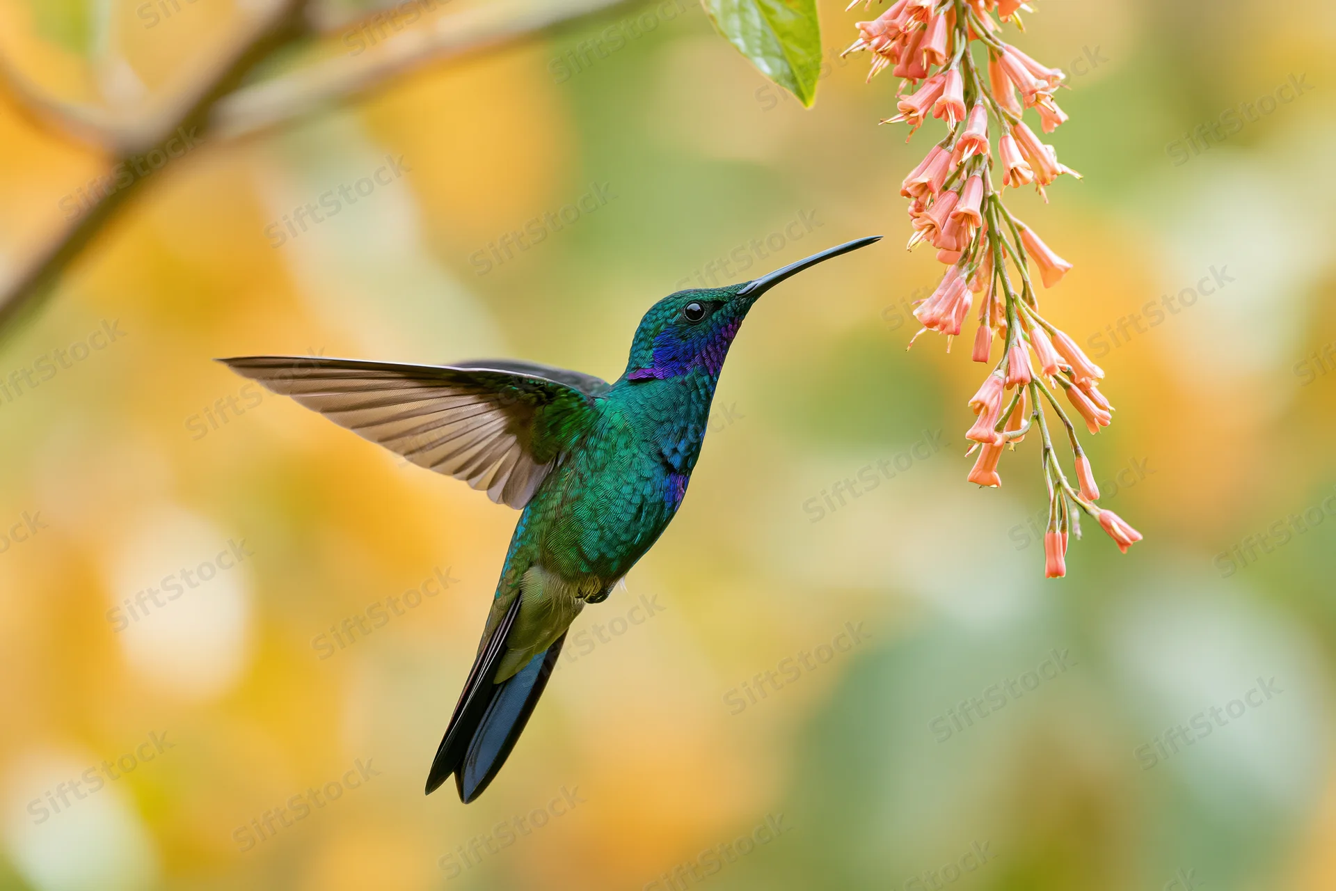 Green violet-ear hummingbird hovering midflight with extended beak near pink flower