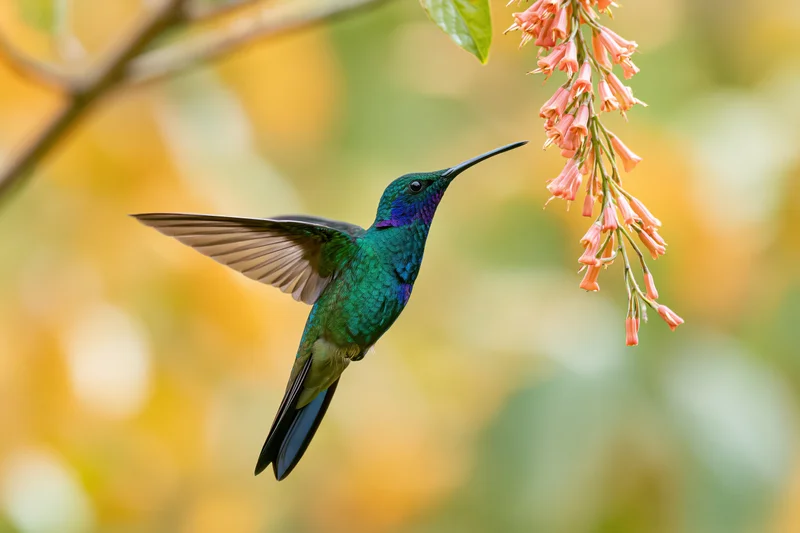 Green violet-ear hummingbird hovering midflight with extended beak near pink flower